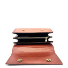 Cognac genuine leather Karya Vera top handle satchel with gold hardware and detachable crossbody strap