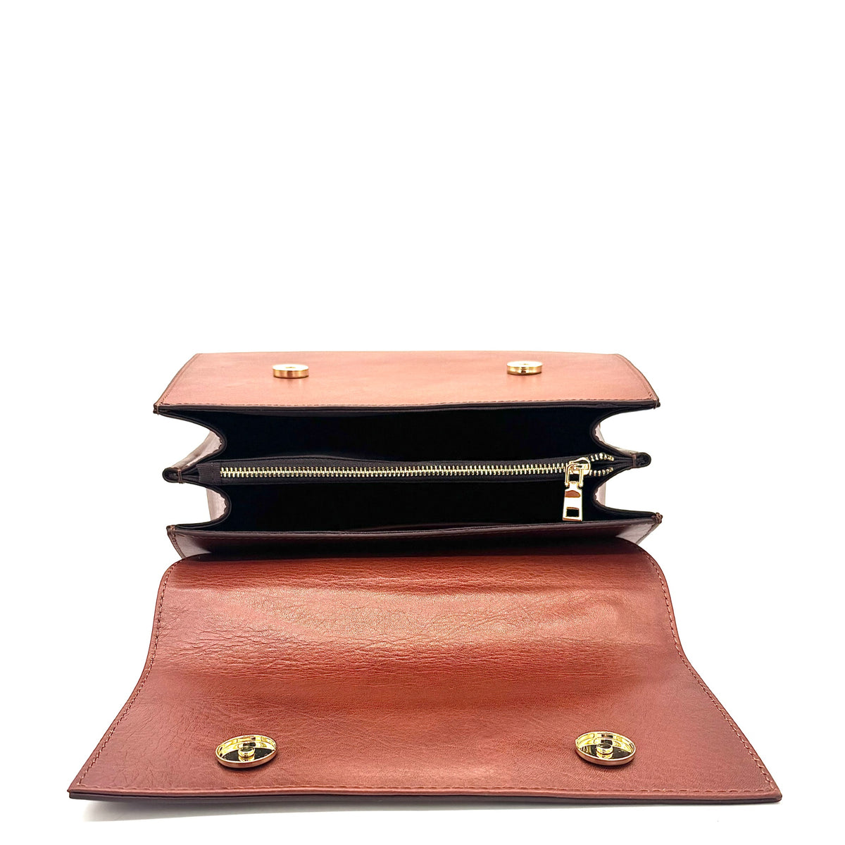 Cognac genuine leather Karya Vera top handle satchel with gold hardware and detachable crossbody strap