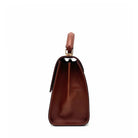Cognac genuine leather Karya Vera top handle satchel with gold hardware and detachable crossbody strap