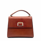Cognac genuine leather Karya Vera top handle satchel with gold hardware and detachable crossbody strap
