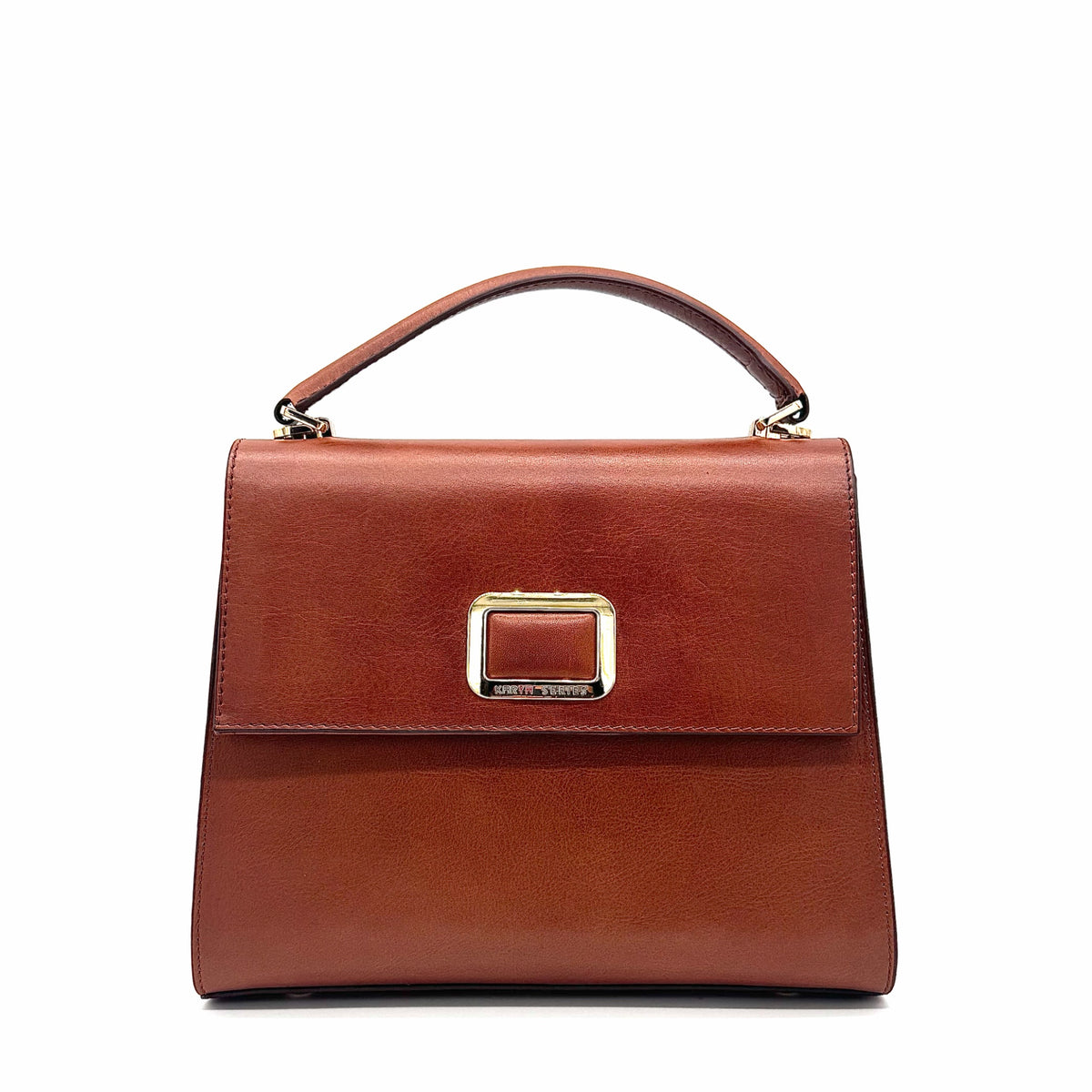 Cognac genuine leather Karya Vera top handle satchel with gold hardware and detachable crossbody strap