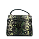 Green multicolor snake-embossed Karya Vera top handle satchel with gold clasp closure
