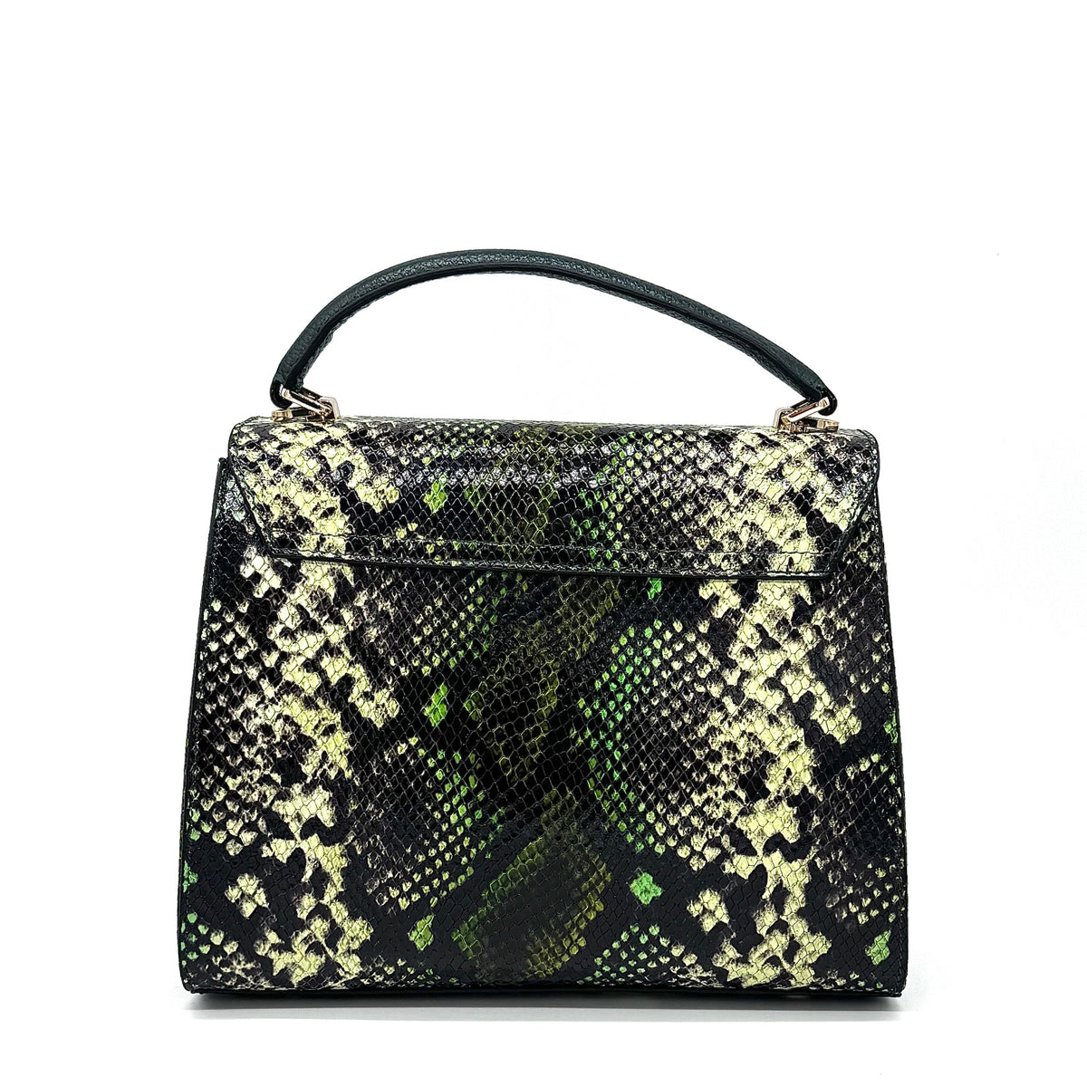 Green multicolor snake-embossed Karya Vera top handle satchel with gold clasp closure