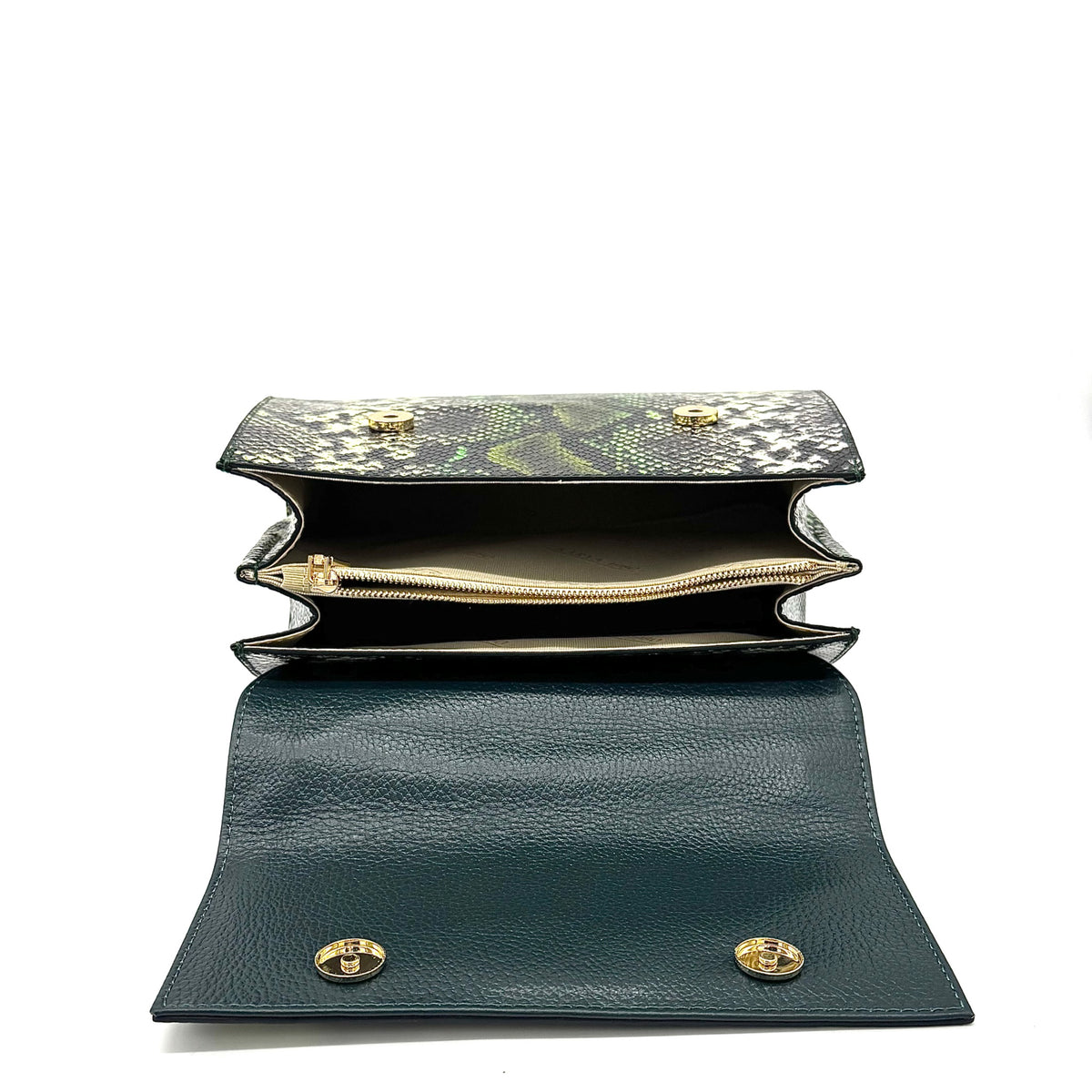 Green multicolor snake-embossed Karya Vera top handle satchel with gold clasp closure