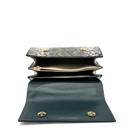 Green multicolor snake-embossed Karya Vera top handle satchel with gold clasp closure