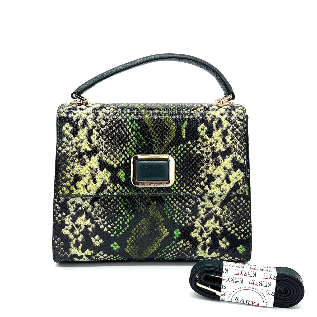 Green multicolor snake-embossed Karya Vera top handle satchel with gold clasp closure