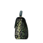 Green multicolor snake-embossed Karya Vera top handle satchel with gold clasp closure