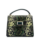 Green multicolor snake-embossed Karya Vera top handle satchel with gold clasp closure