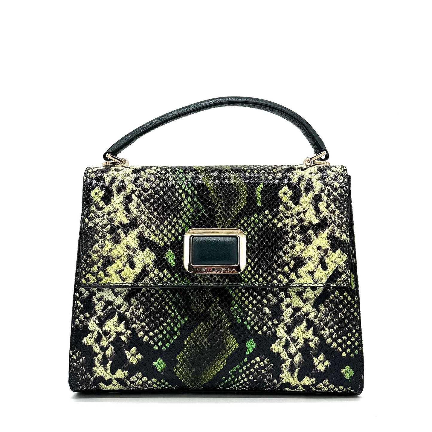 Green multicolor snake-embossed Karya Vera top handle satchel with gold clasp closure