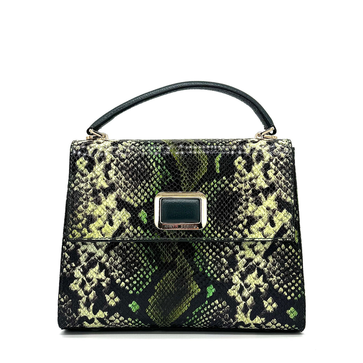 Green multicolor snake-embossed Karya Vera top handle satchel with gold clasp closure