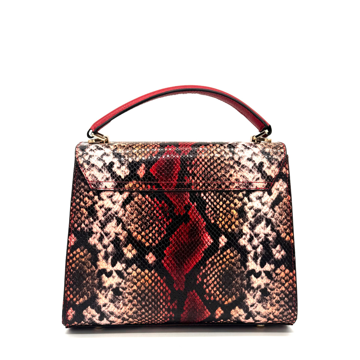 Red multicolor snake-embossed Karya Vera top handle satchel with red leather handle and gold hardware