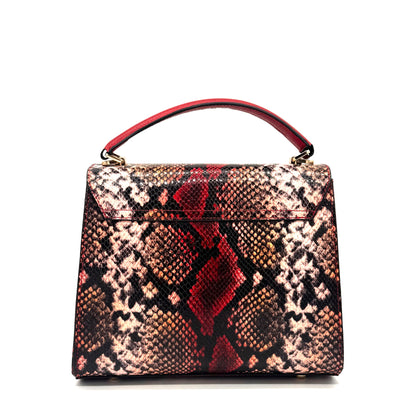 Red multicolor snake-embossed Karya Vera top handle satchel with red leather handle and gold hardware
