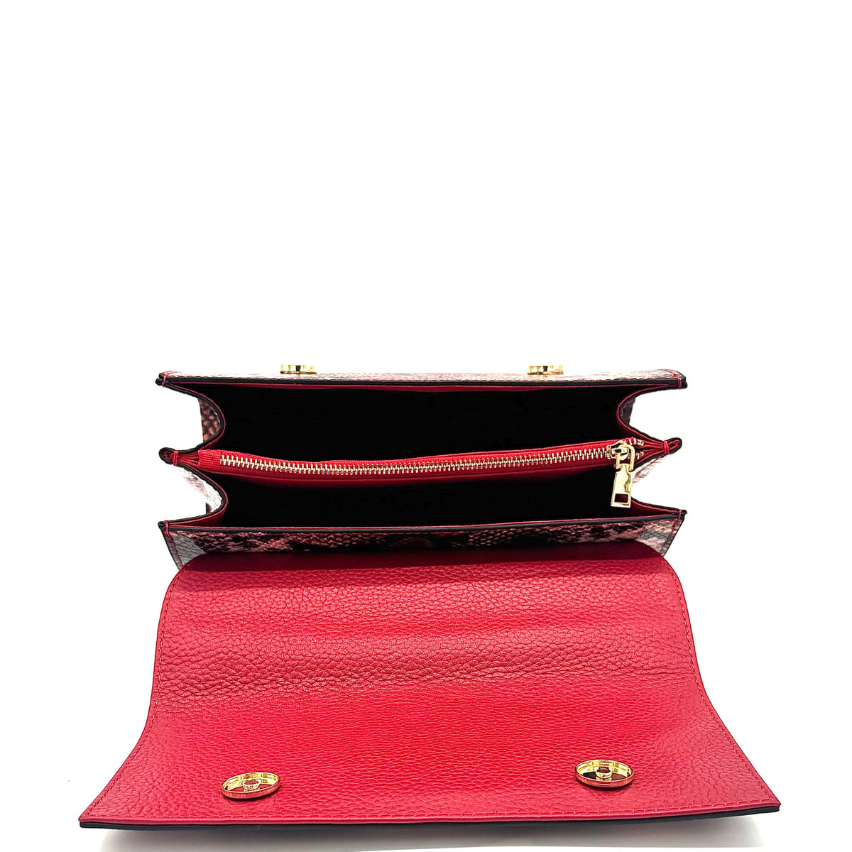 Red multicolor snake-embossed Karya Vera top handle satchel with red leather handle and gold hardware