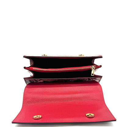 Red multicolor snake-embossed Karya Vera top handle satchel with red leather handle and gold hardware