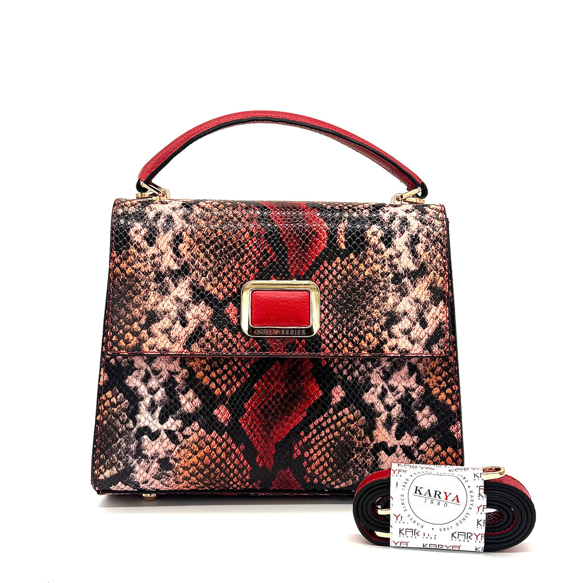 Red multicolor snake-embossed Karya Vera top handle satchel with red leather handle and gold hardware