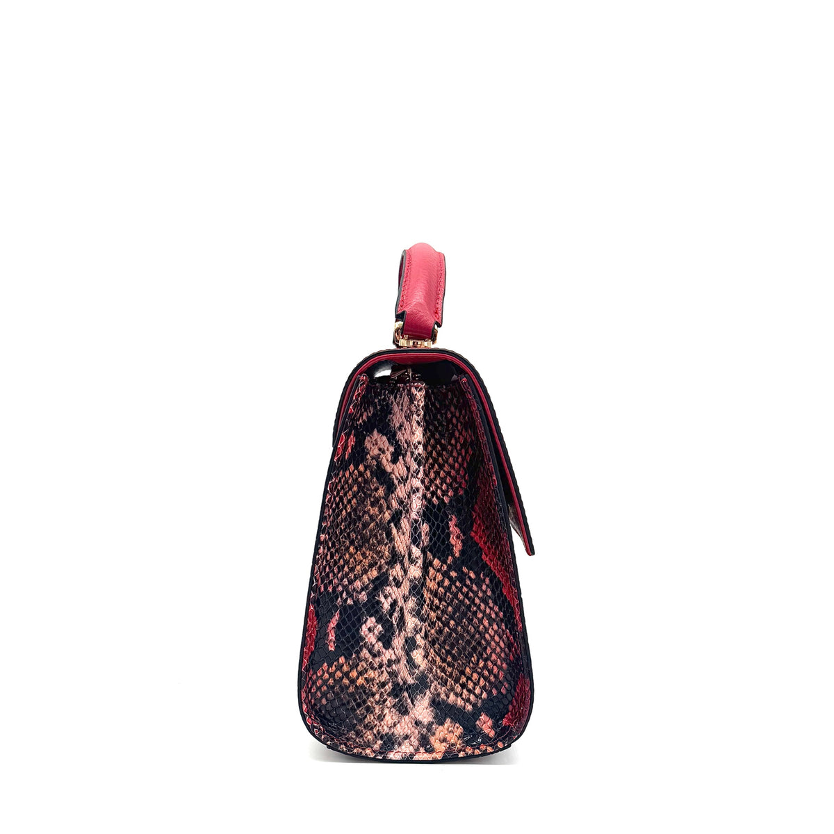 Red multicolor snake-embossed Karya Vera top handle satchel with red leather handle and gold hardware
