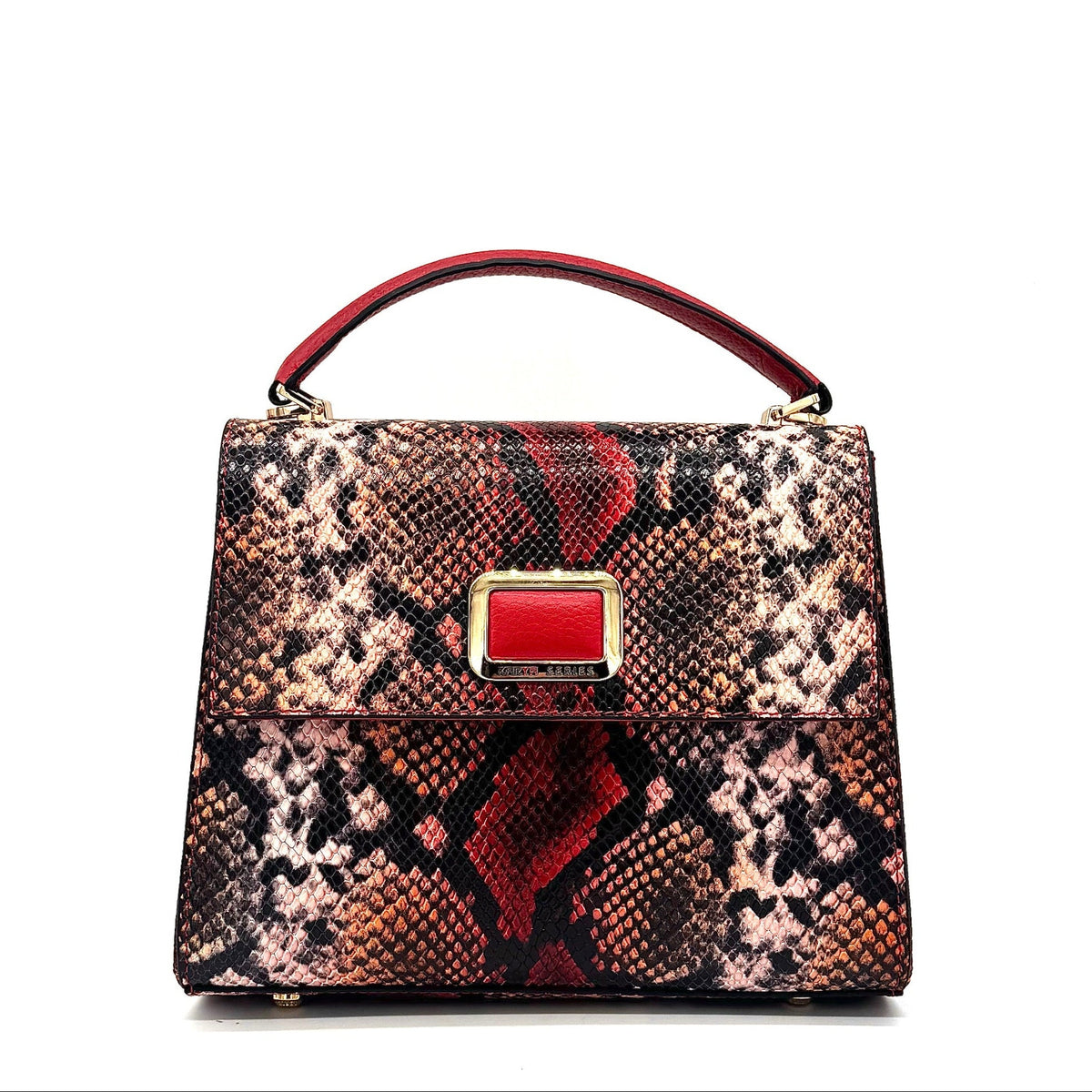 Red multicolor snake-embossed Karya Vera top handle satchel with red leather handle and gold hardware