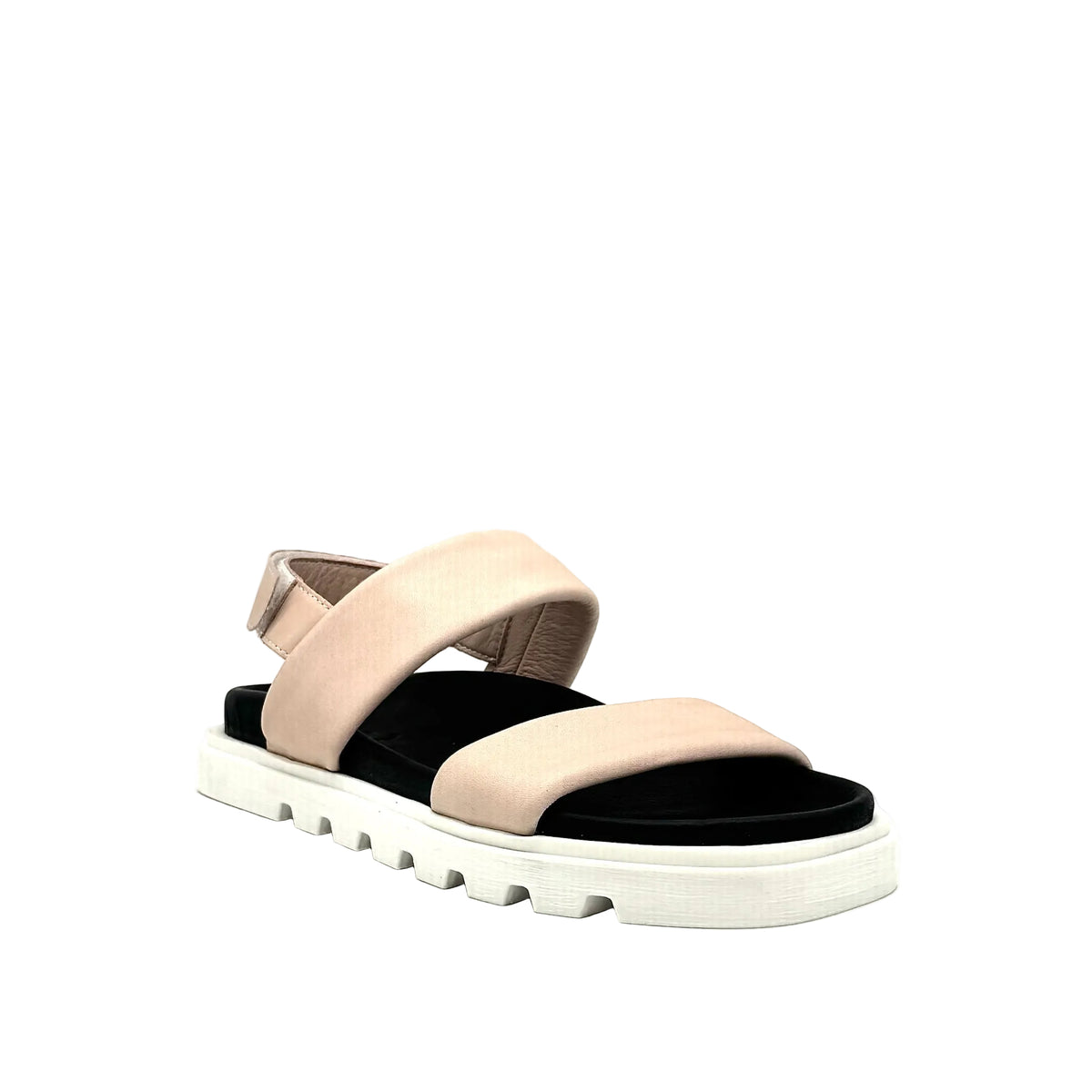 MAGO 175-7010 genuine leather sport sandal in beige with adjustable strap and lug sole, angled view