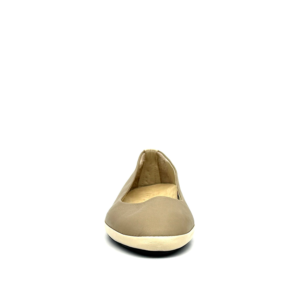 MAGO 602-1310 genuine leather pointed-toe ballet flat in taupe with contrast trim, front view