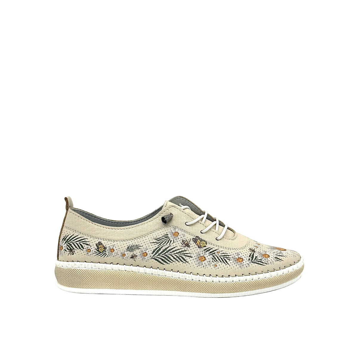 Beige: Mastic Soul 26111 floral print perforated leather sneaker in beige with daisy and butterfly print and color-matched sole, side view