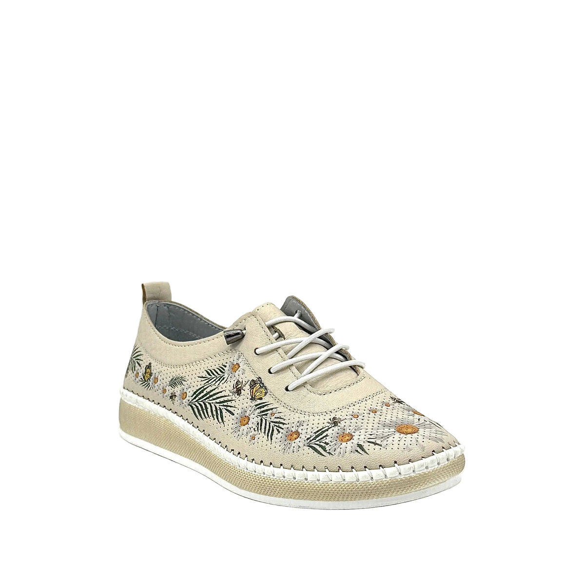 Beige: Mastic Soul 26111 floral print perforated leather sneaker in beige with daisy and butterfly print and color-matched sole, side view