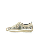 Beige: Mastic Soul 26111 floral print perforated leather sneaker in beige with daisy and butterfly print and color-matched sole, side view