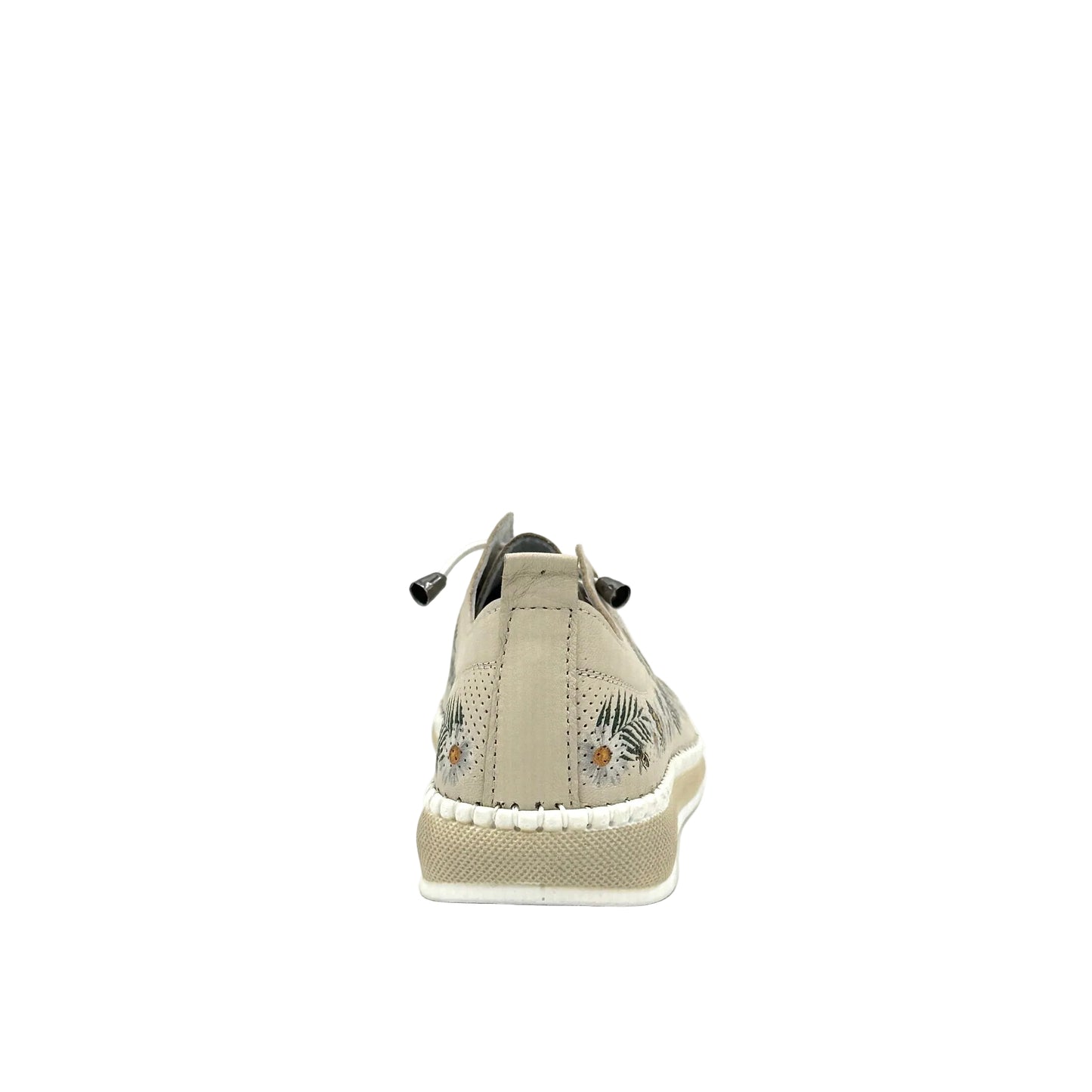 Beige: Mastic Soul 26111 floral print perforated leather sneaker in beige with daisy and butterfly print and color-matched sole, side view