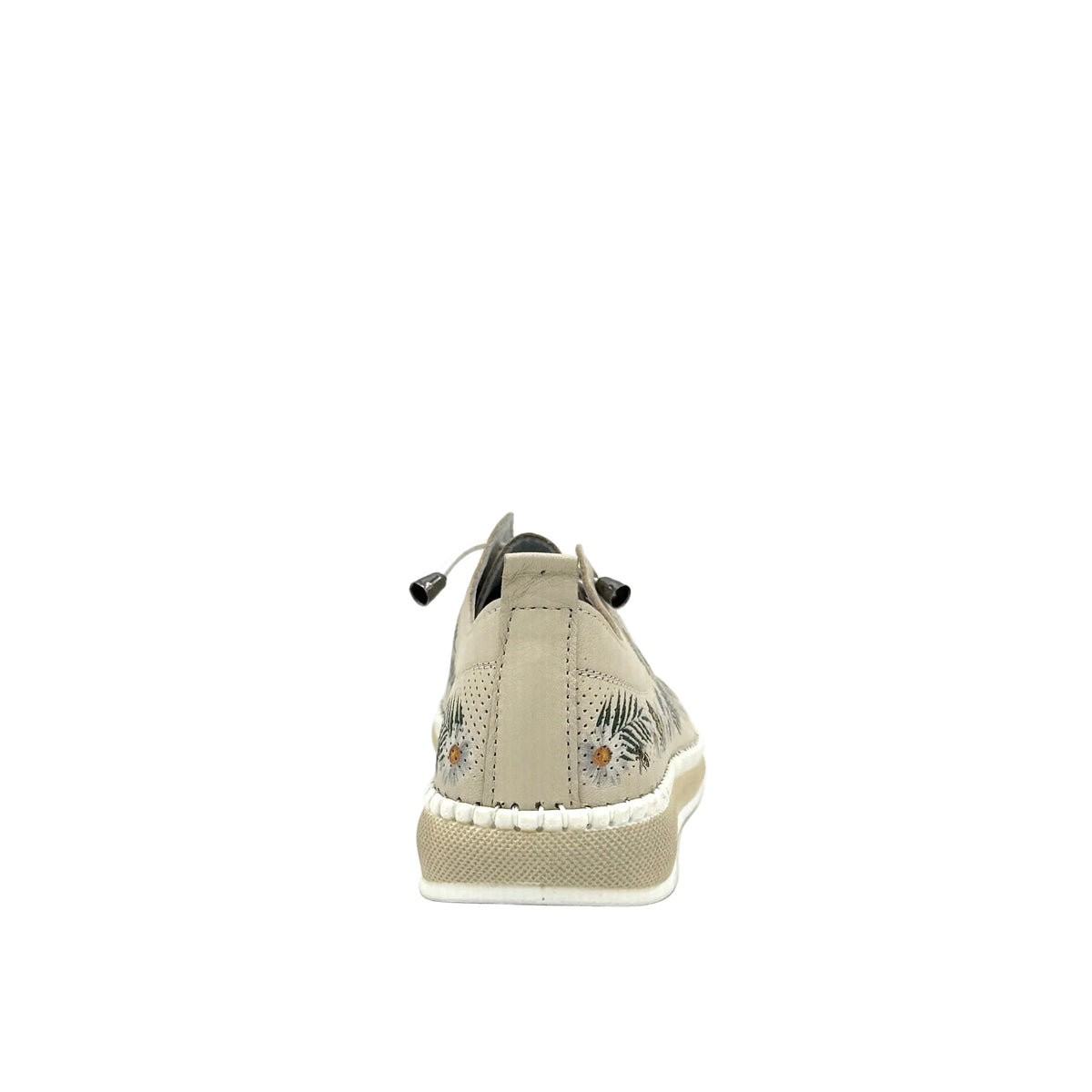 Beige: Mastic Soul 26111 floral print perforated leather sneaker in beige with daisy and butterfly print and color-matched sole, side view