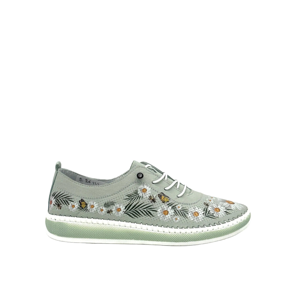 Mint: Mastic Soul 26111 floral print perforated leather sneaker in mint with daisy and butterfly print and color-matched sole, side view