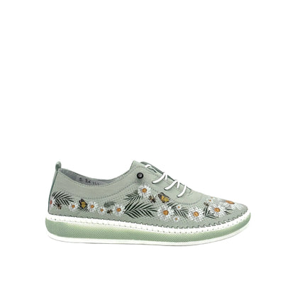 Mint: Mastic Soul 26111 floral print perforated leather sneaker in mint with daisy and butterfly print and color-matched sole, side view