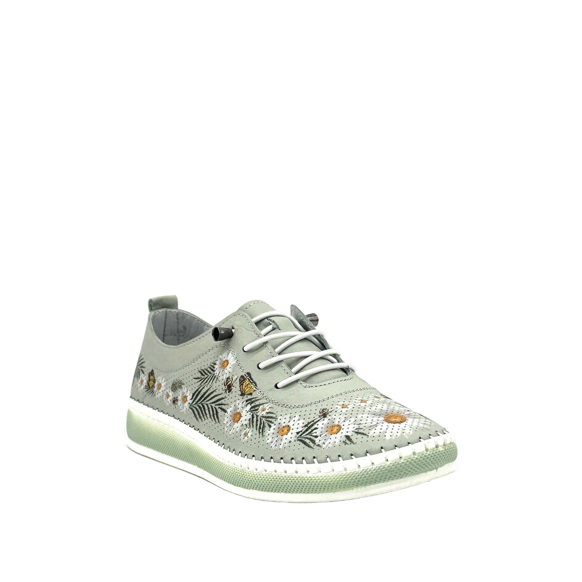 Mint: Mastic Soul 26111 floral print perforated leather sneaker in mint with daisy and butterfly print and color-matched sole, side view