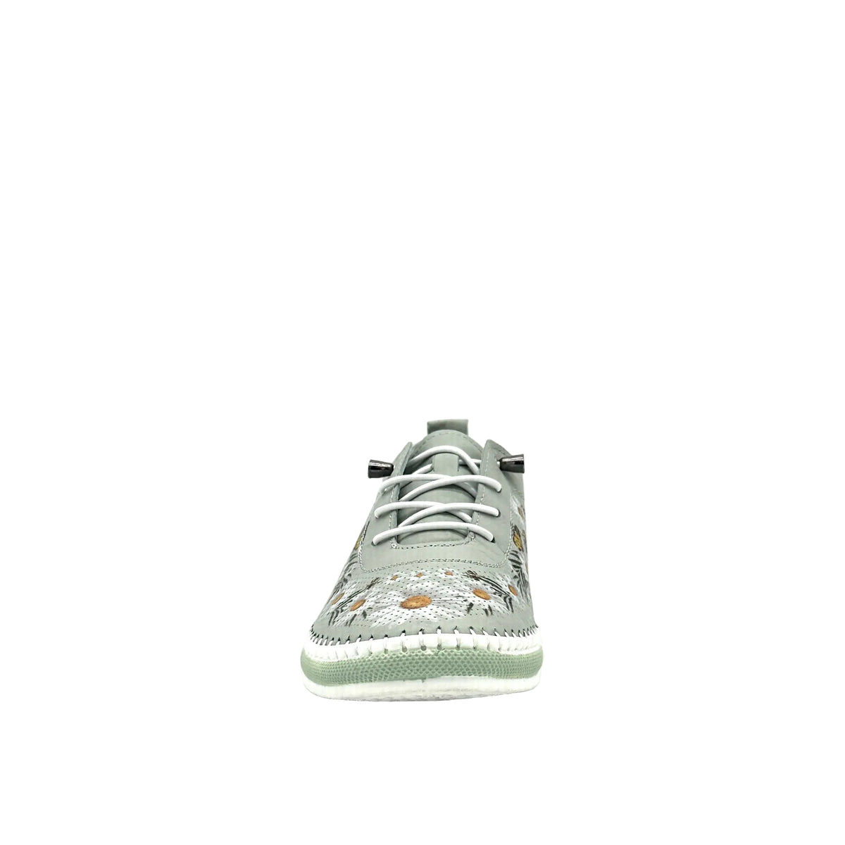 Mint: Mastic Soul 26111 floral print perforated leather sneaker in mint with daisy and butterfly print and color-matched sole, side view