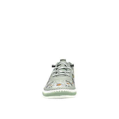 Mint: Mastic Soul 26111 floral print perforated leather sneaker in mint with daisy and butterfly print and color-matched sole, side view