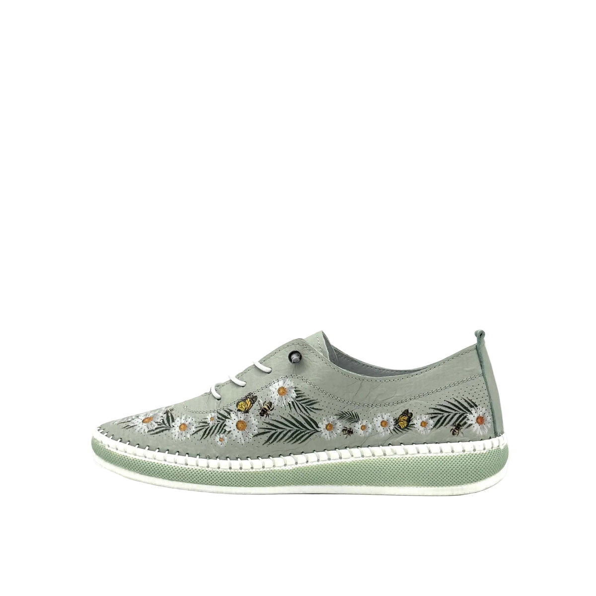 Mint: Mastic Soul 26111 floral print perforated leather sneaker in mint with daisy and butterfly print and color-matched sole, side view
