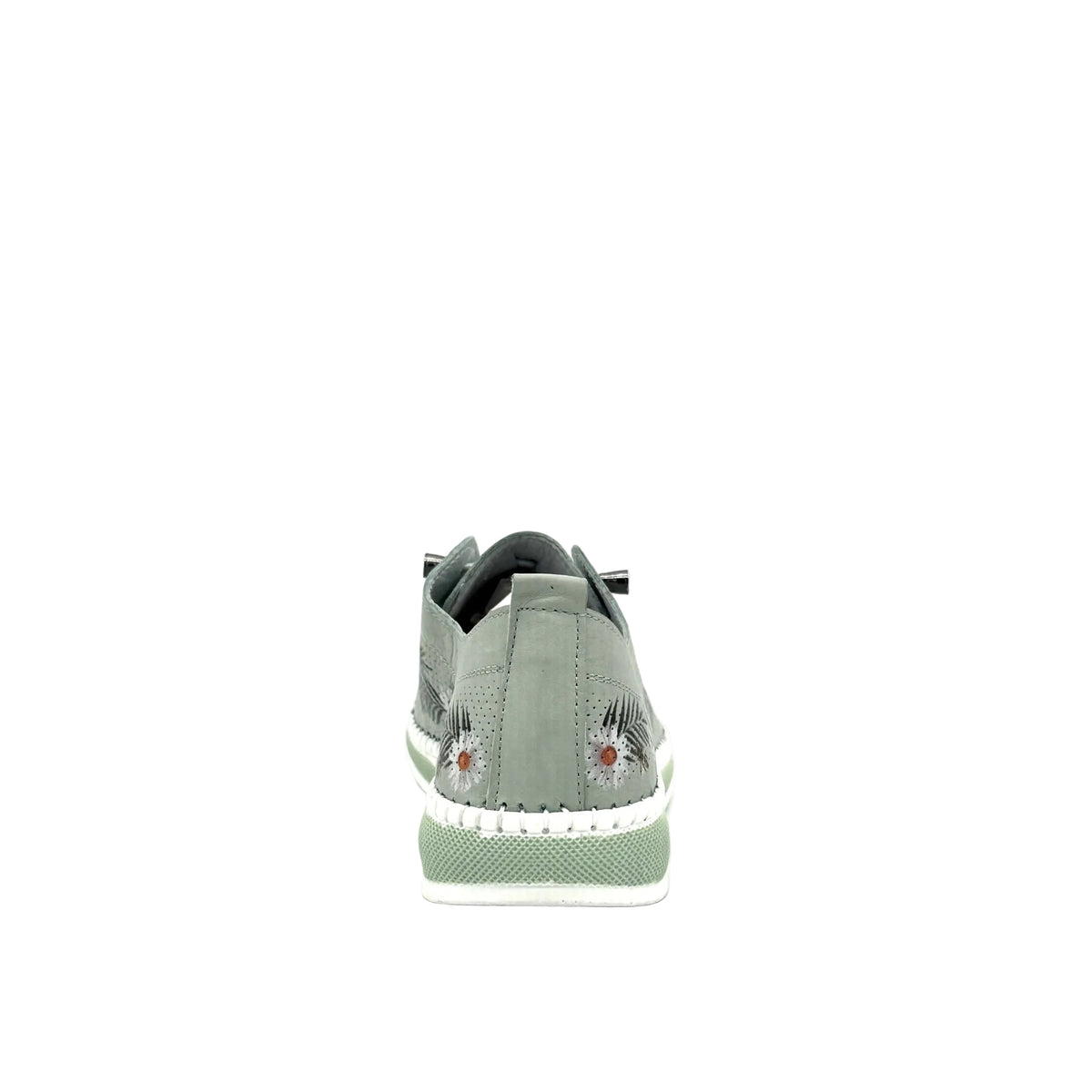 Mint: Mastic Soul 26111 floral print perforated leather sneaker in mint with daisy and butterfly print and color-matched sole, side view