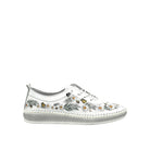 White: Mastic Soul 26111 floral print perforated leather sneaker in white with daisy and butterfly print and grey sole, side view