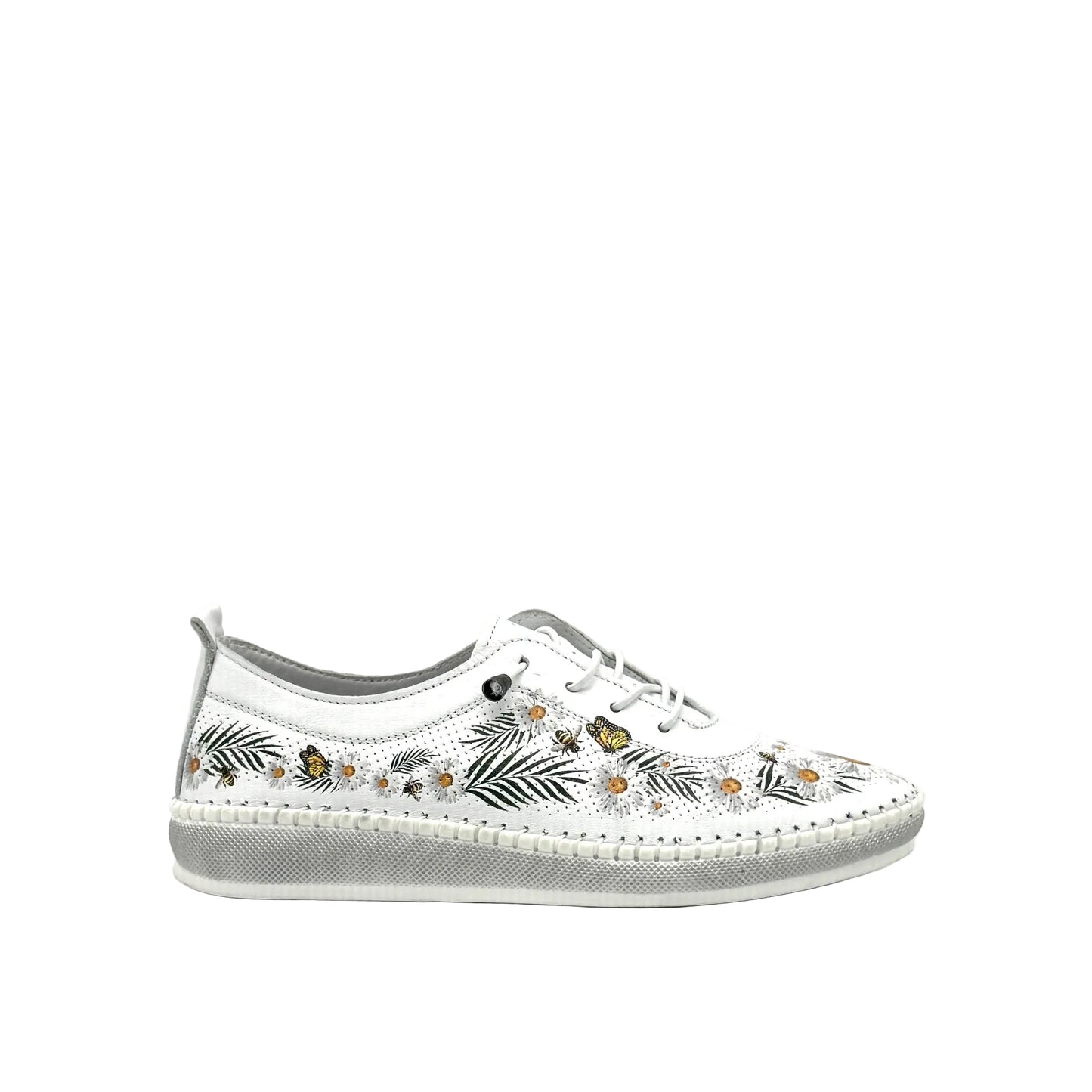 White: Mastic Soul 26111 floral print perforated leather sneaker in white with daisy and butterfly print and grey sole, side view