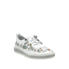 White: Mastic Soul 26111 floral print perforated leather sneaker in white with daisy and butterfly print and grey sole, side view