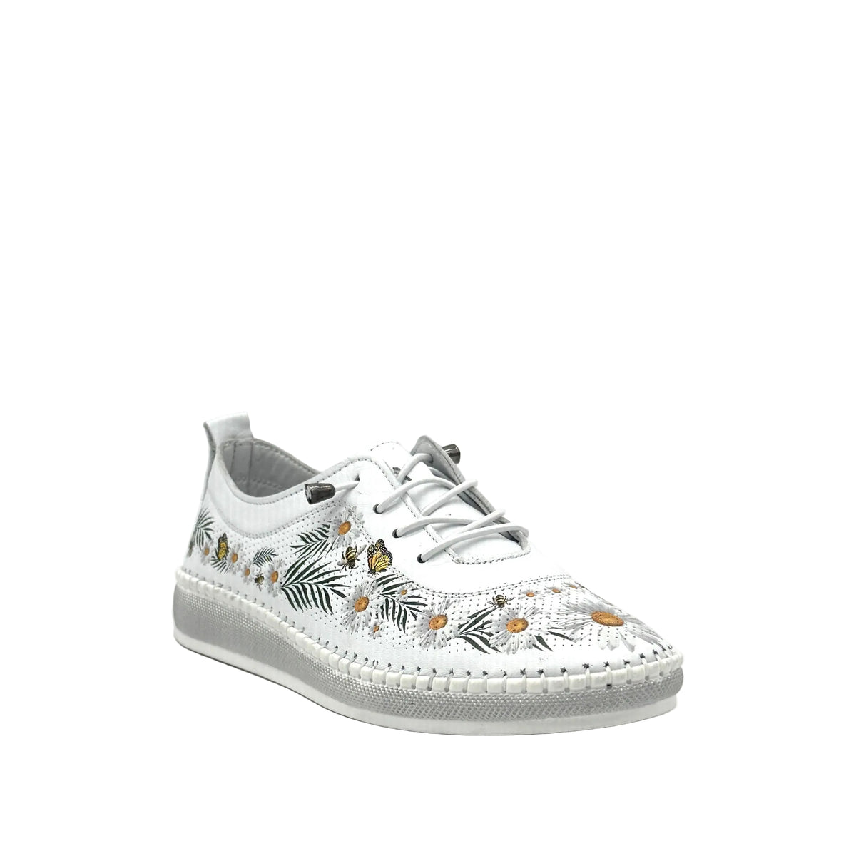 White: Mastic Soul 26111 floral print perforated leather sneaker in white with daisy and butterfly print and grey sole, side view