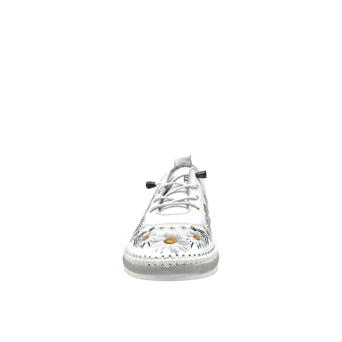 White: Mastic Soul 26111 floral print perforated leather sneaker in white with daisy and butterfly print and grey sole, side view