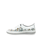 White: Mastic Soul 26111 floral print perforated leather sneaker in white with daisy and butterfly print and grey sole, side view