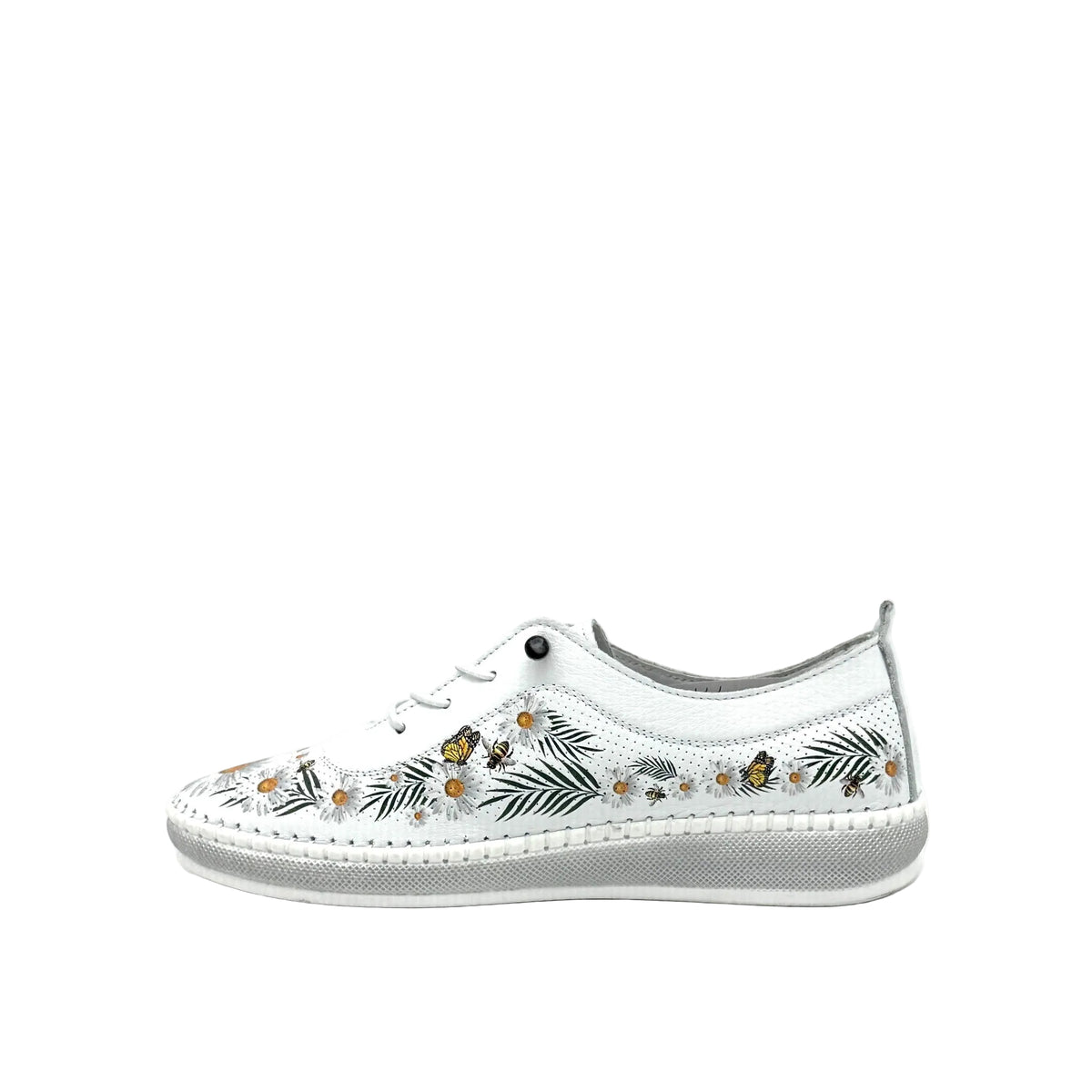 White: Mastic Soul 26111 floral print perforated leather sneaker in white with daisy and butterfly print and grey sole, side view