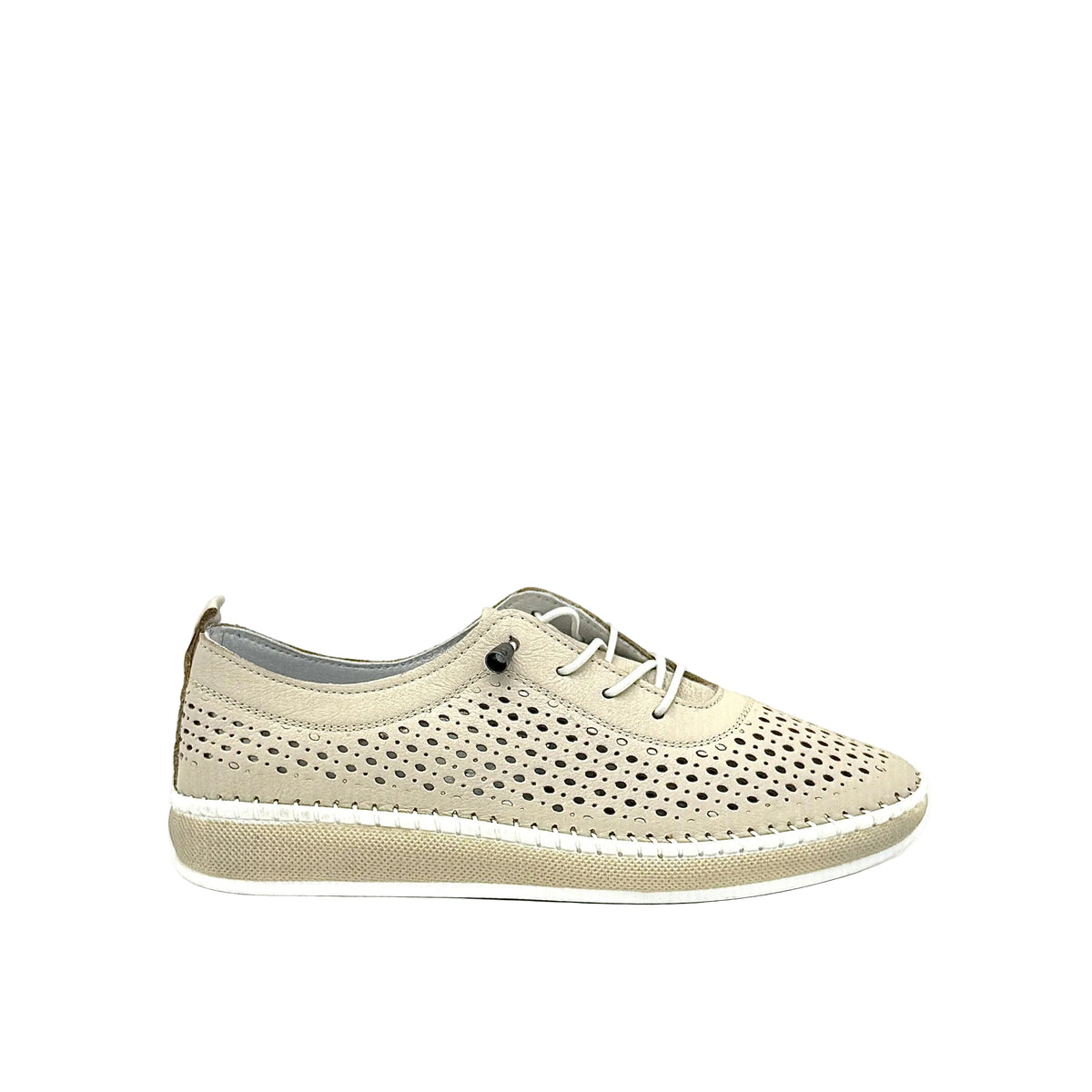 Beige: Mastic Soul 26127 perforated leather lace-up sneaker in beige with hand-stitched midsole detail, side view