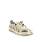 Beige: Mastic Soul 26127 perforated leather lace-up sneaker in beige with hand-stitched midsole detail, side view