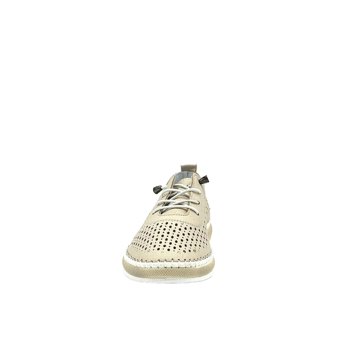 Beige: Mastic Soul 26127 perforated leather lace-up sneaker in beige with hand-stitched midsole detail, side view
