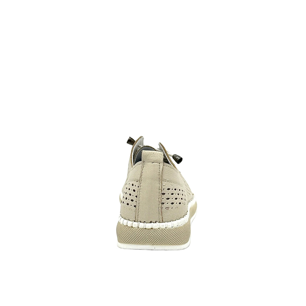 Beige: Mastic Soul 26127 perforated leather lace-up sneaker in beige with hand-stitched midsole detail, side view