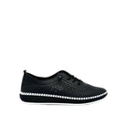 Black: Mastic Soul 26127 perforated leather lace-up sneaker in black with hand-stitched midsole detail, side view