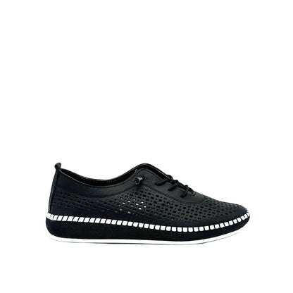 Black: Mastic Soul 26127 perforated leather lace-up sneaker in black with hand-stitched midsole detail, side view