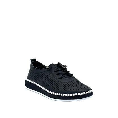 Black: Mastic Soul 26127 perforated leather lace-up sneaker in black with hand-stitched midsole detail, side view