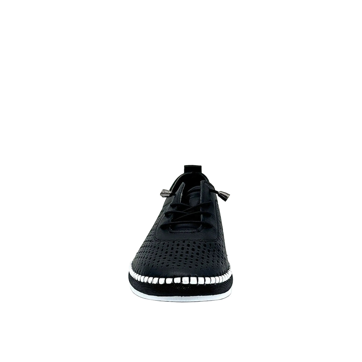 Black: Mastic Soul 26127 perforated leather lace-up sneaker in black with hand-stitched midsole detail, side view